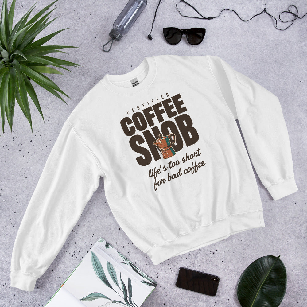 Certified Coffee Snob coffee crewneck sweatshirt — White, front-right