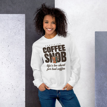 Certified Coffee Snob coffee crewneck sweatshirt — White, on model
