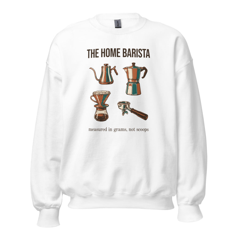 The Home Barista specialty coffee crewneck sweatshirt — White, front