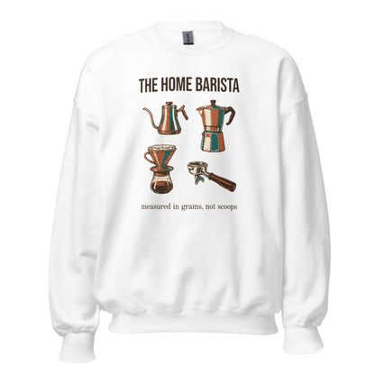 The Home Barista specialty coffee crewneck sweatshirt — White, front