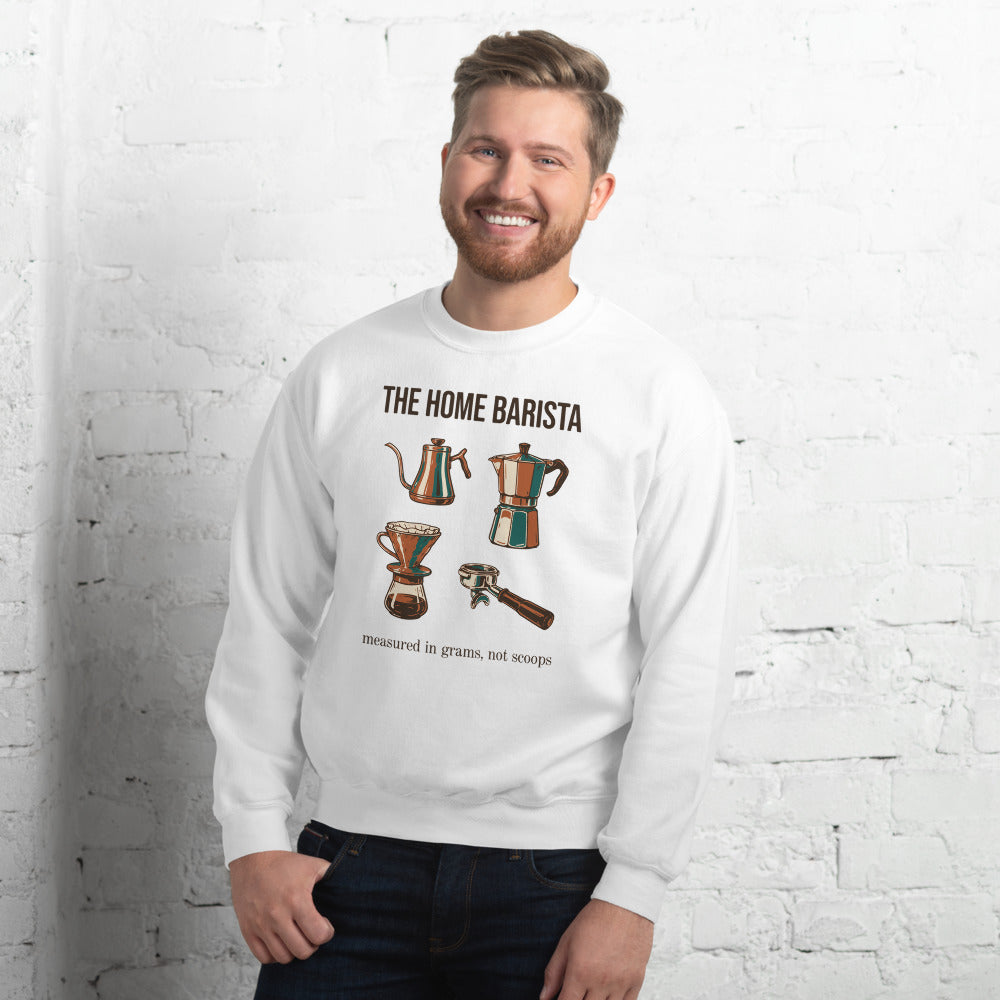The Home Barista specialty coffee crewneck sweatshirt — White, on model