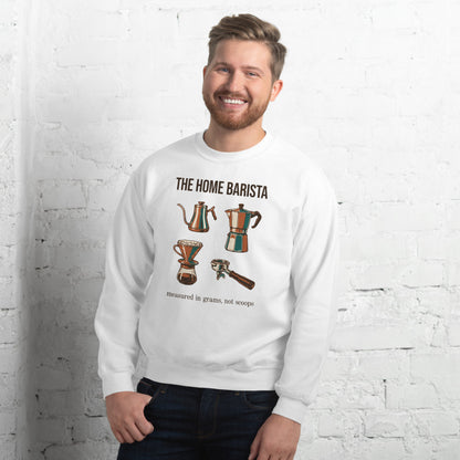 The Home Barista specialty coffee crewneck sweatshirt — White, on model