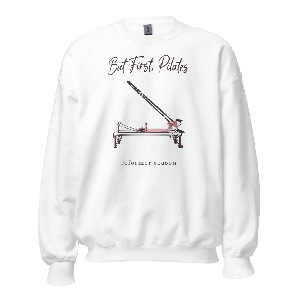 But First Pilates reformer line-art crewneck sweatshirt — White, front