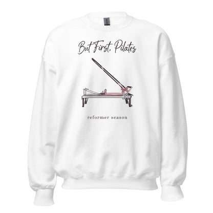 But First Pilates reformer line-art crewneck sweatshirt — White, front
