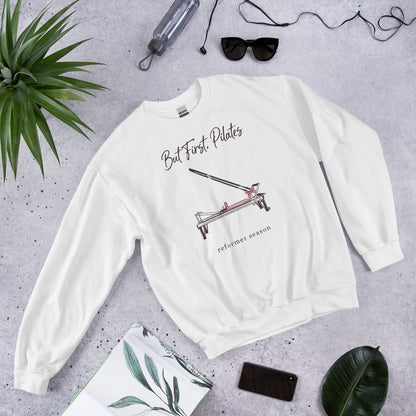 But First Pilates reformer line-art crewneck sweatshirt — White, front-right