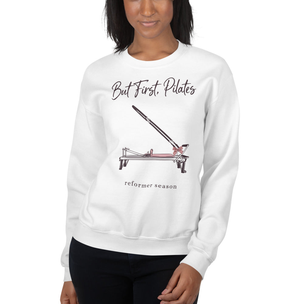 But First Pilates reformer line-art crewneck sweatshirt — White, on model