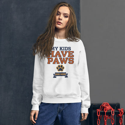 My Kids Have Paws funny dog mom crewneck sweatshirt — White, on model
