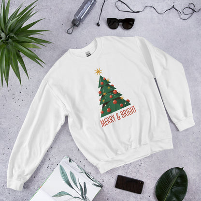 Atomic mid-century retro Christmas tree crewneck sweatshirt — White, front-right