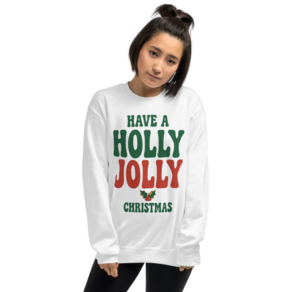 Groovy Holly Jolly retro Christmas crewneck sweatshirt — White, on model