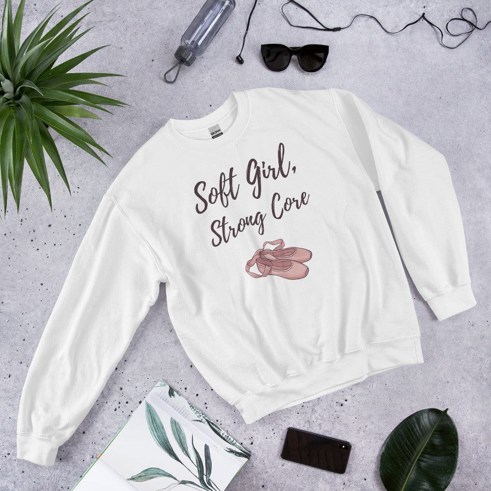 Soft Girl Strong Core ballet coquette pilates sweatshirt — White, front-right