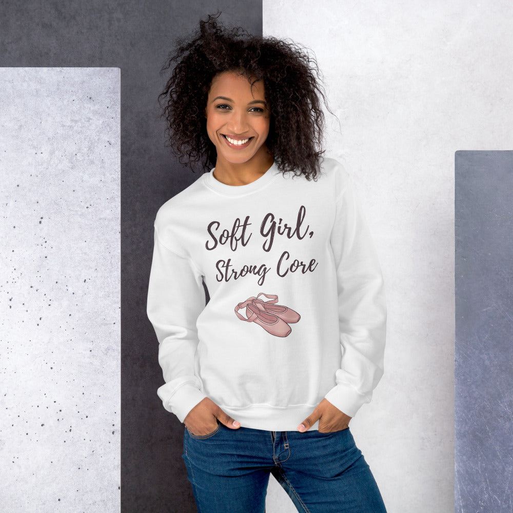 Soft Girl Strong Core ballet coquette pilates sweatshirt — White, on model