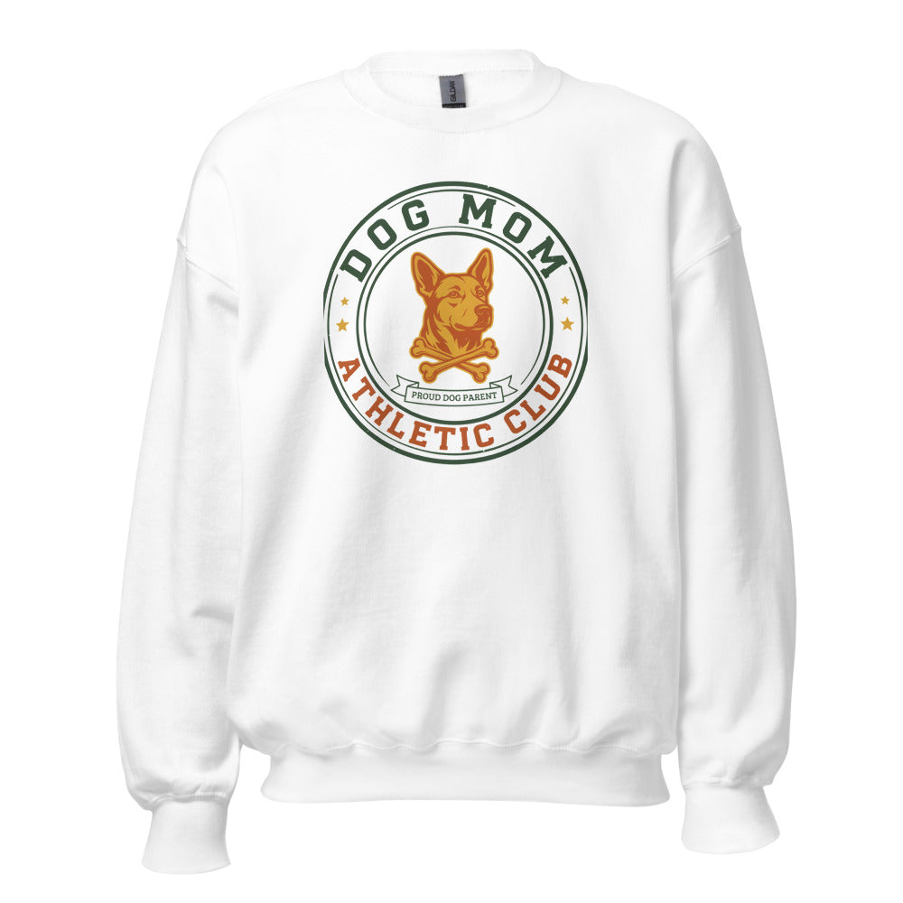 Dog Mom Athletic Club vintage varsity crest crewneck sweatshirt — White, front