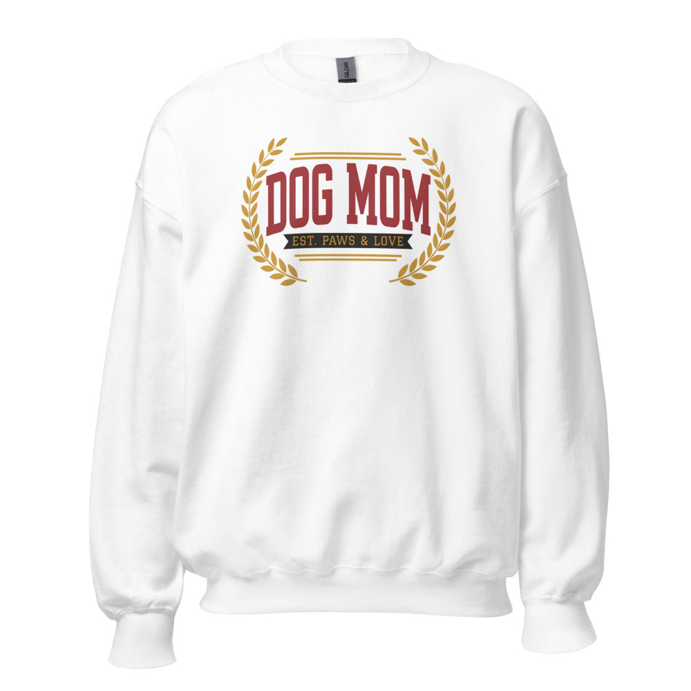 Dog Mom vintage varsity wordmark crewneck sweatshirt — White, front