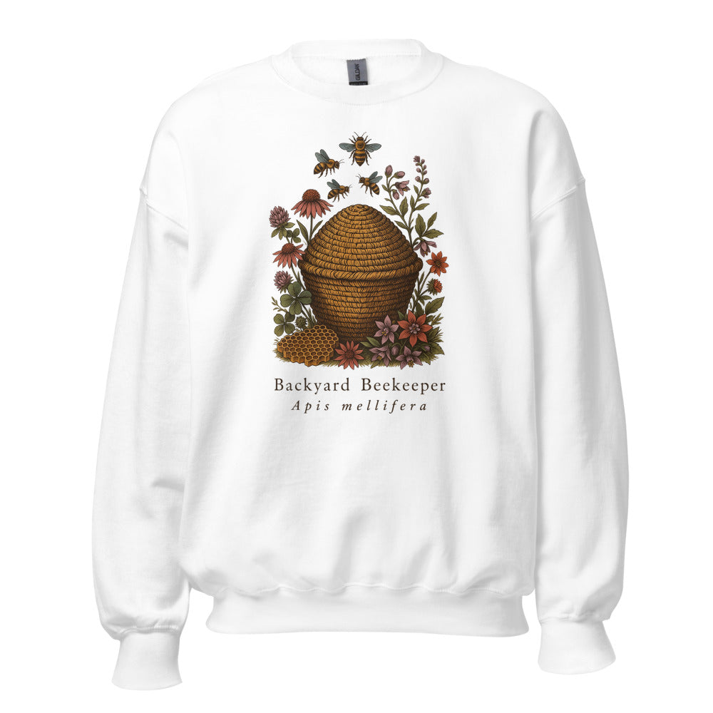 Backyard Beekeeper field-guide bee crewneck sweatshirt — White, front