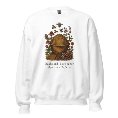 Backyard Beekeeper field-guide bee crewneck sweatshirt — White, front