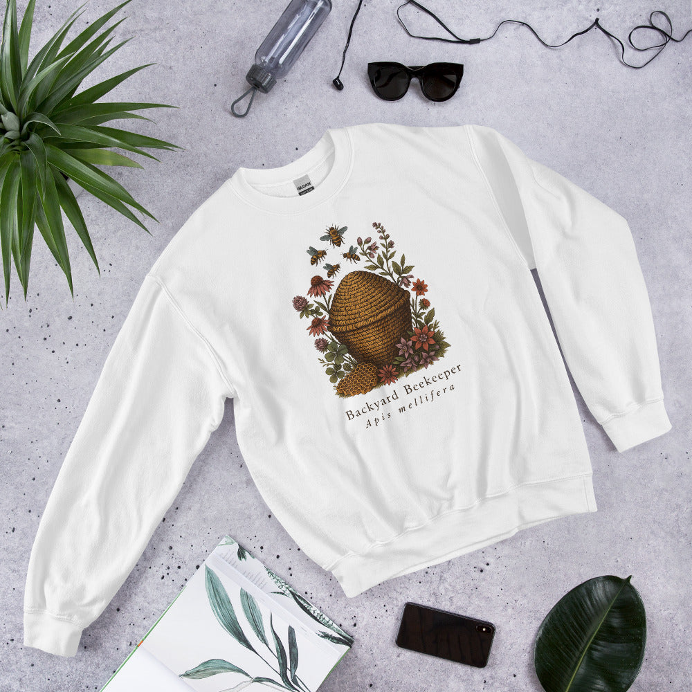 Backyard Beekeeper field-guide bee crewneck sweatshirt — White, front-right