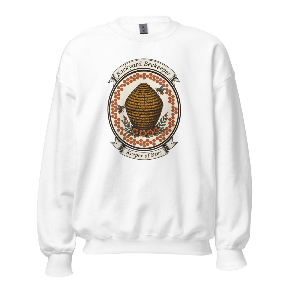 Backyard Beekeeper Keeper of Bees vintage apiary crest crewneck sweatshirt — White, front