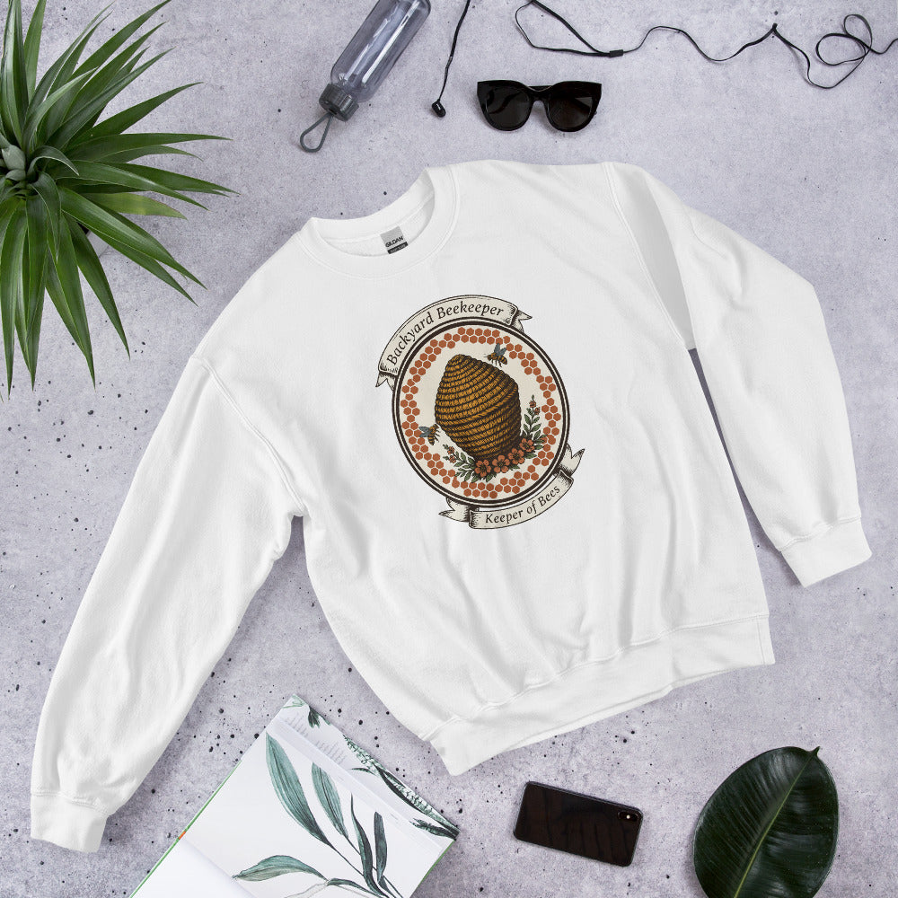Backyard Beekeeper Keeper of Bees vintage apiary crest crewneck sweatshirt — White, front-right