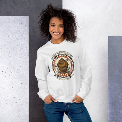 Backyard Beekeeper Keeper of Bees vintage apiary crest crewneck sweatshirt — White, on model