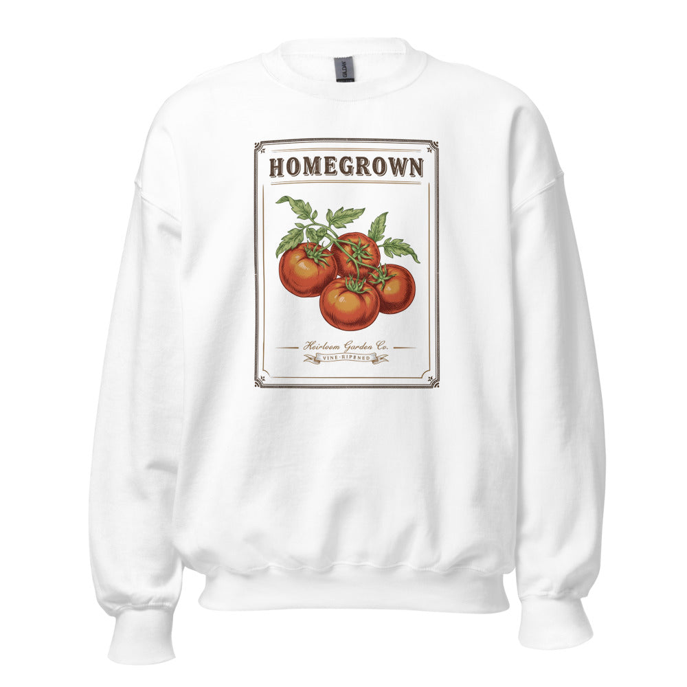Homegrown Heirloom Seed Packet gardening crewneck sweatshirt — White, front