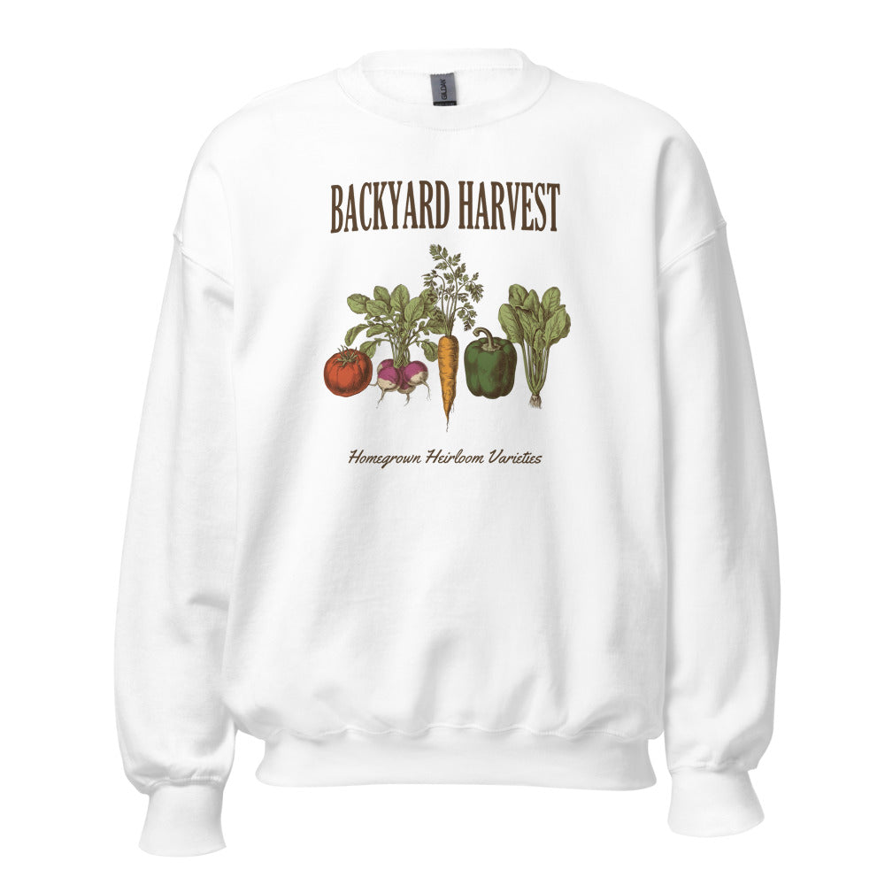 Backyard Harvest heirloom vegetable gardening crewneck sweatshirt — White, front
