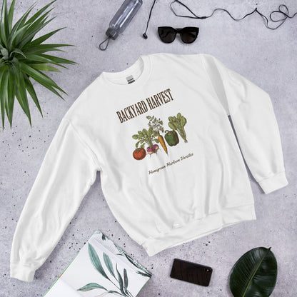 Backyard Harvest heirloom vegetable gardening crewneck sweatshirt — White, front-right
