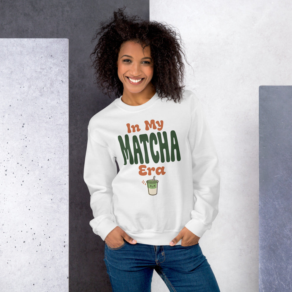 In My Matcha Era retro matcha crewneck sweatshirt — White, on model