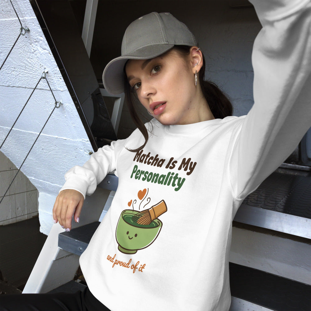 Matcha Is My Personality retro matcha crewneck sweatshirt — White, on model