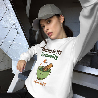 Matcha Is My Personality retro matcha crewneck sweatshirt — White, on model