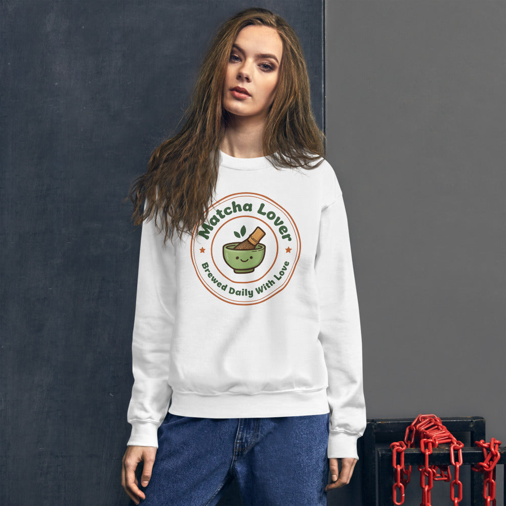 Matcha Lover retro café badge crewneck sweatshirt — White, on model