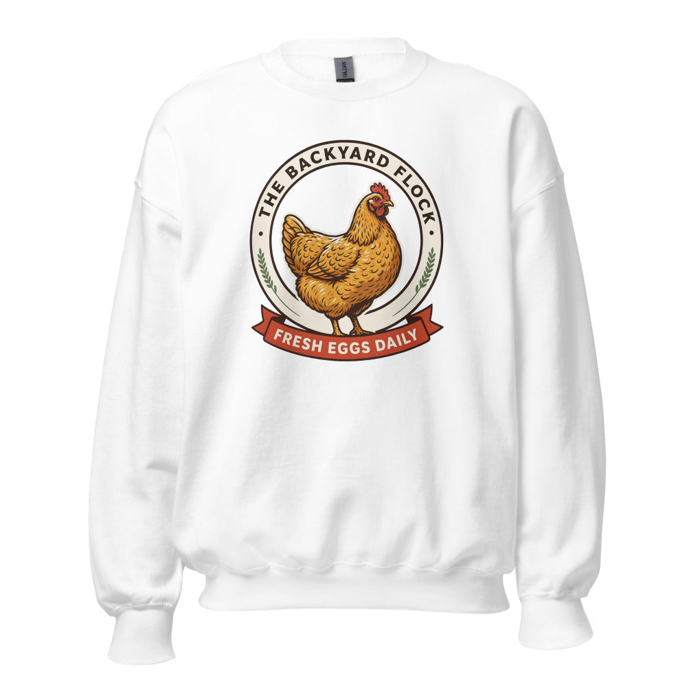 Backyard Flock heritage chicken keeper crewneck sweatshirt — White, front