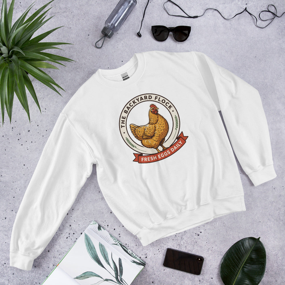 Backyard Flock heritage chicken keeper crewneck sweatshirt — White, front-right