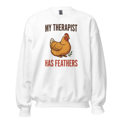 My Therapist Has Feathers funny chicken keeper crewneck sweatshirt — White, front