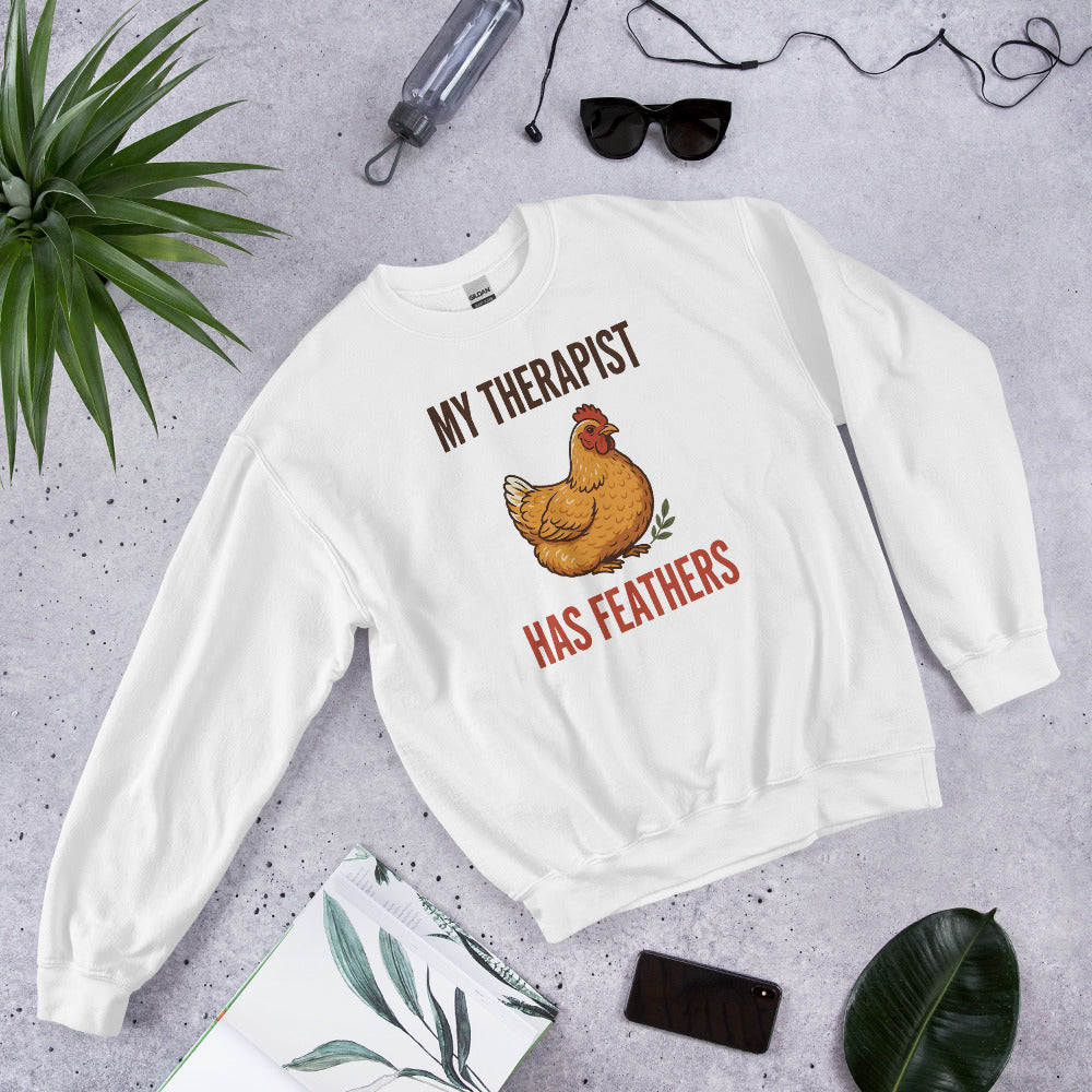 My Therapist Has Feathers funny chicken keeper crewneck sweatshirt — White, front-right