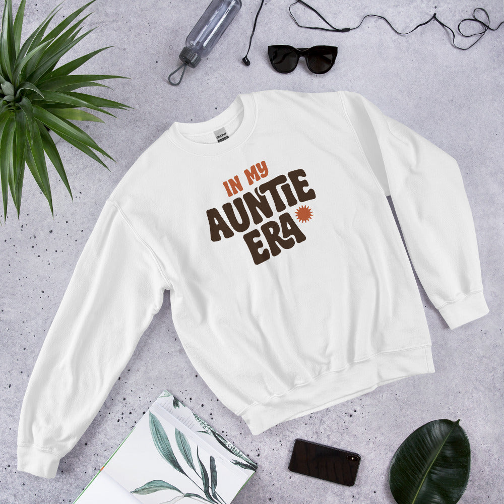 In My Auntie Era retro groovy aunt crewneck sweatshirt — White, front-right