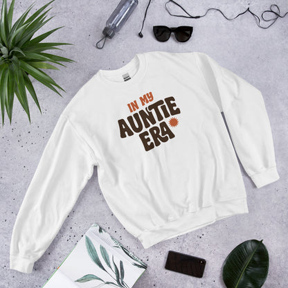 In My Auntie Era retro groovy aunt crewneck sweatshirt — White, front-right