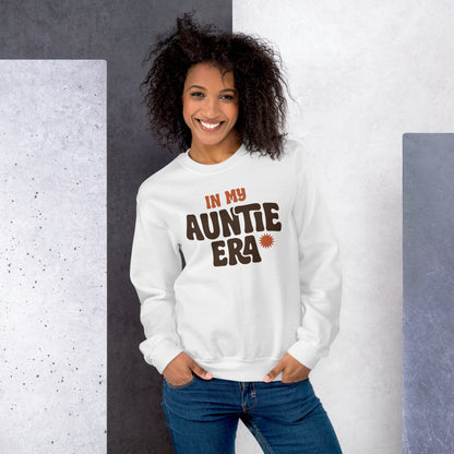 In My Auntie Era retro groovy aunt crewneck sweatshirt — White, on model
