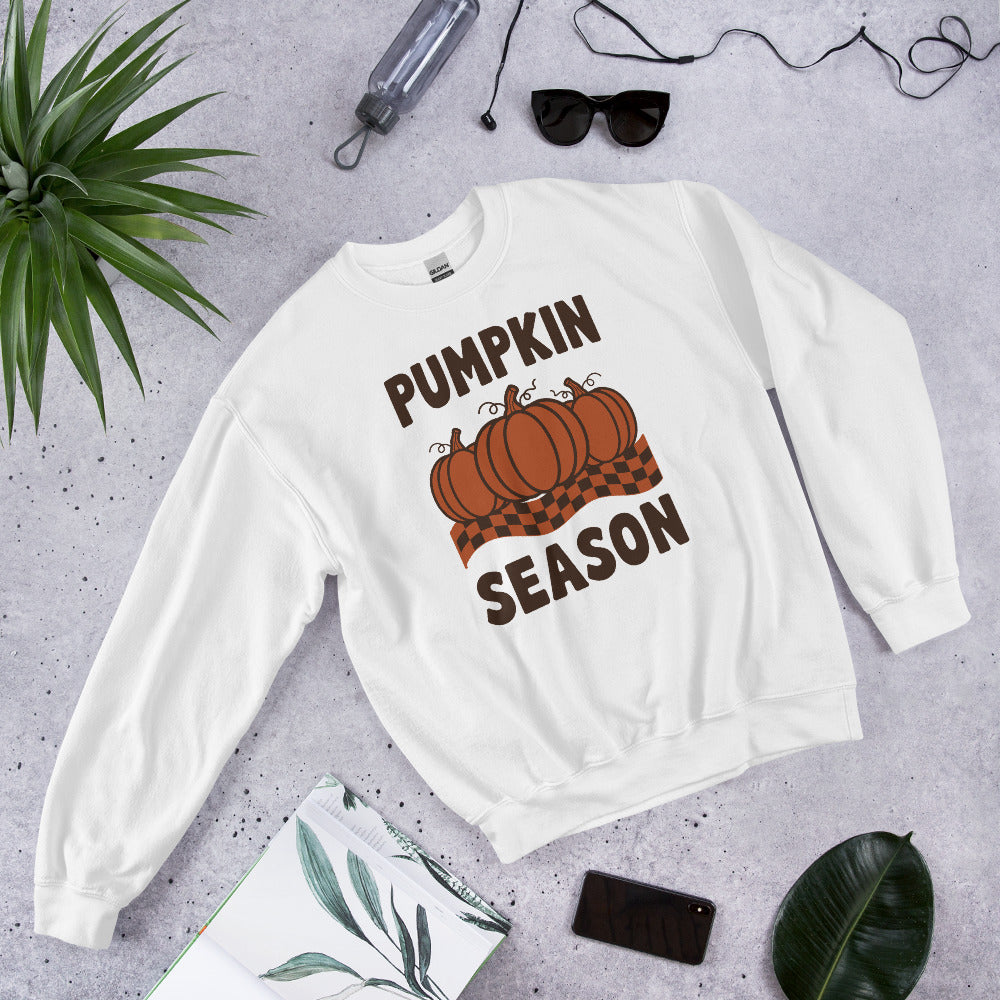 Pumpkin Season retro 70s fall crewneck sweatshirt — White, front-right