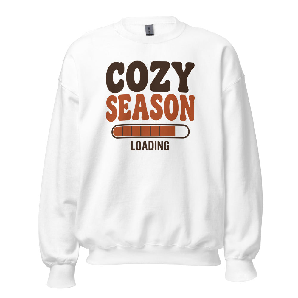 Cozy Season Loading retro 70s fall crewneck sweatshirt — White, front