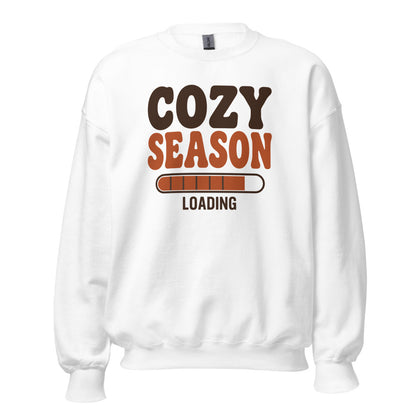 Cozy Season Loading retro 70s fall crewneck sweatshirt — White, front