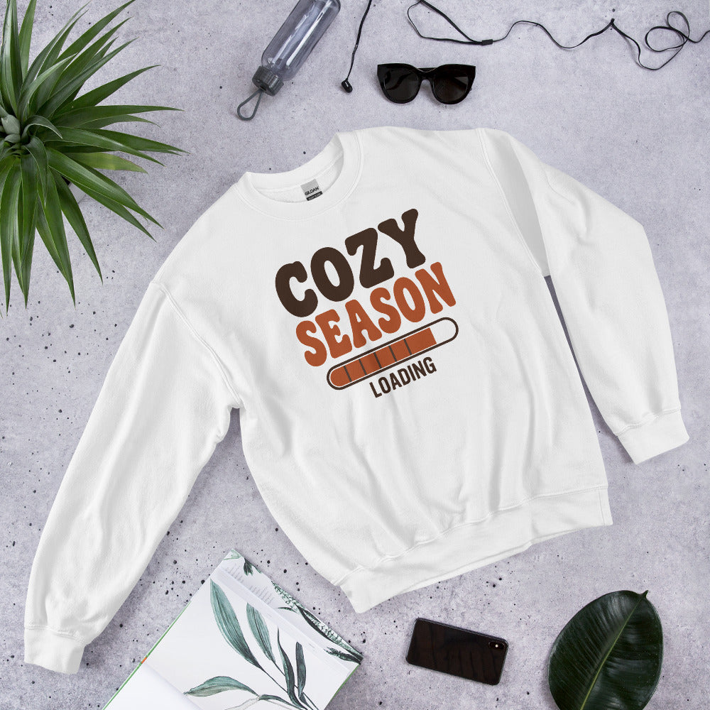 Cozy Season Loading retro 70s fall crewneck sweatshirt — White, front-right