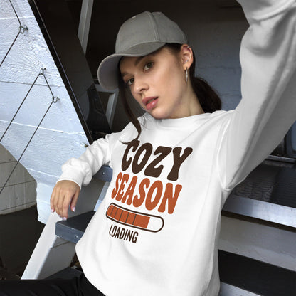 Cozy Season Loading retro 70s fall crewneck sweatshirt — White, on model