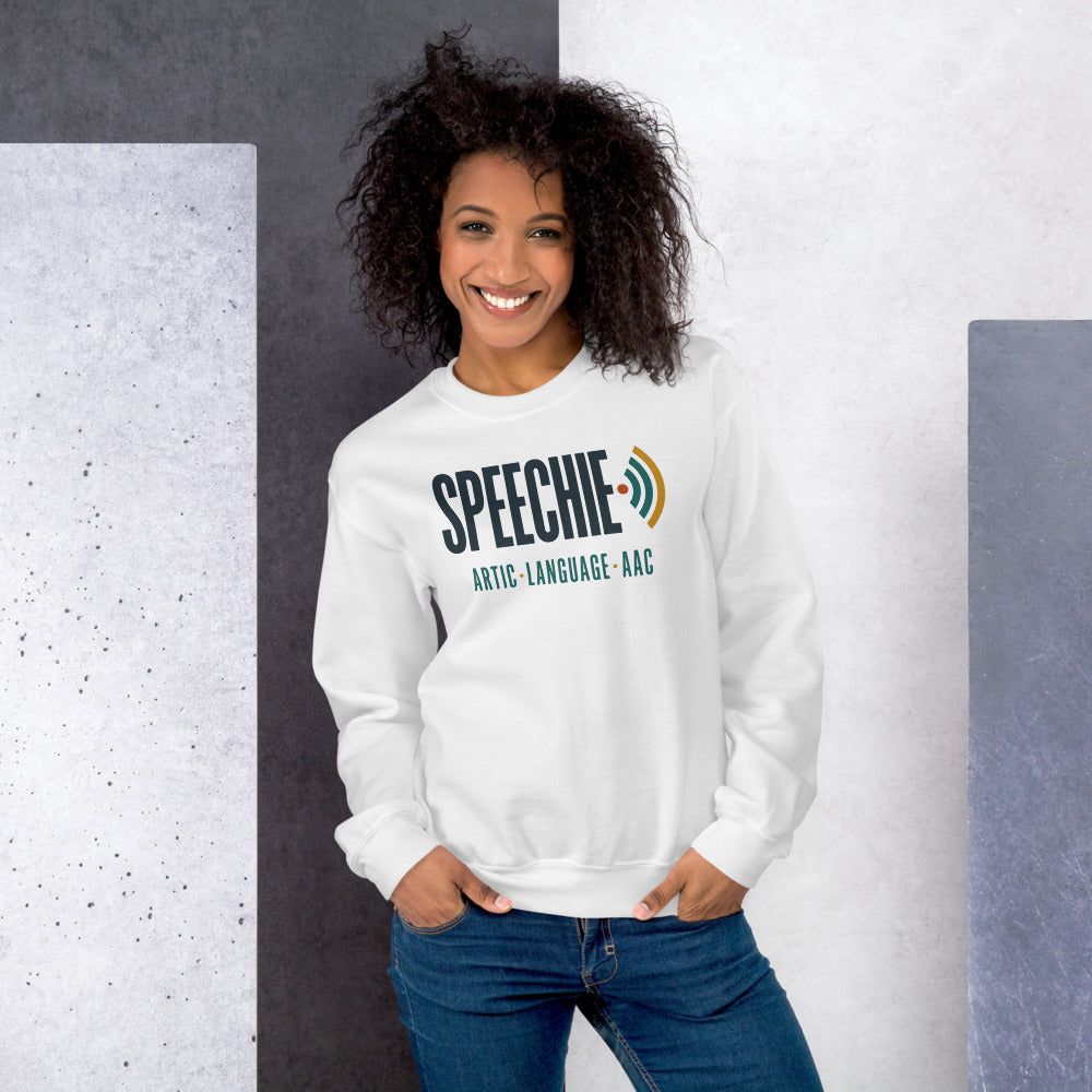 Speechie Wordmark speech therapy crewneck sweatshirt — White, on model