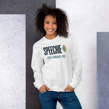 Speechie Wordmark speech therapy crewneck sweatshirt — White, on model
