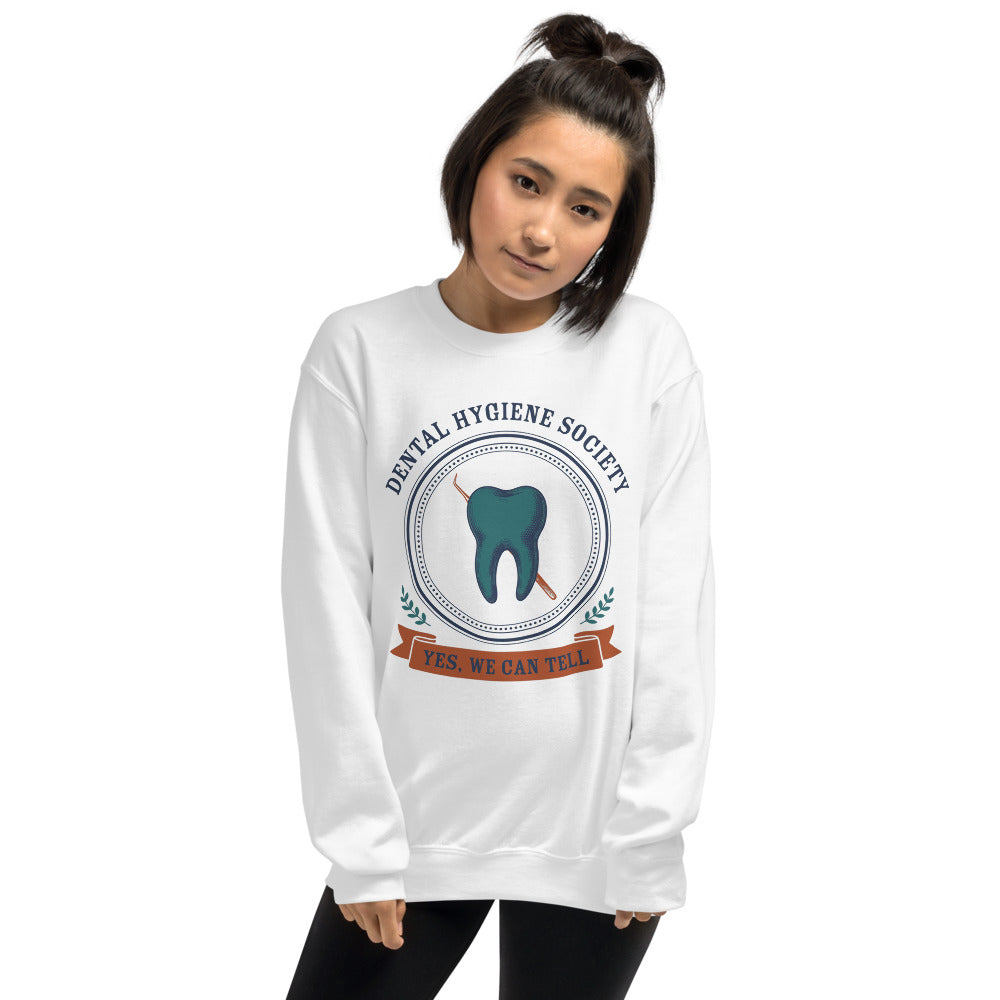 Dental Hygiene Society dental hygienist crewneck sweatshirt — White, on model