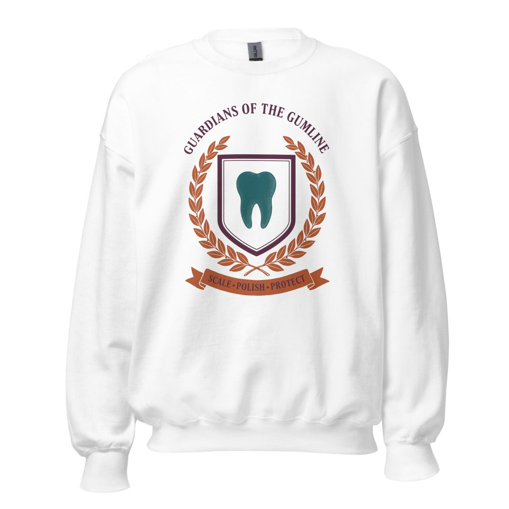 Guardians of the Gumline dental hygienist crewneck sweatshirt — White, front