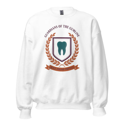 Guardians of the Gumline dental hygienist crewneck sweatshirt — White, front