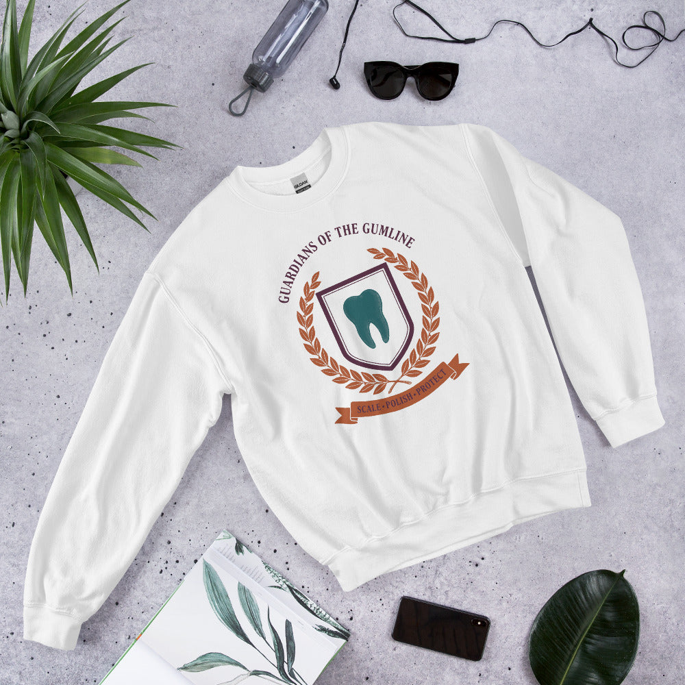 Guardians of the Gumline dental hygienist crewneck sweatshirt — White, front-right