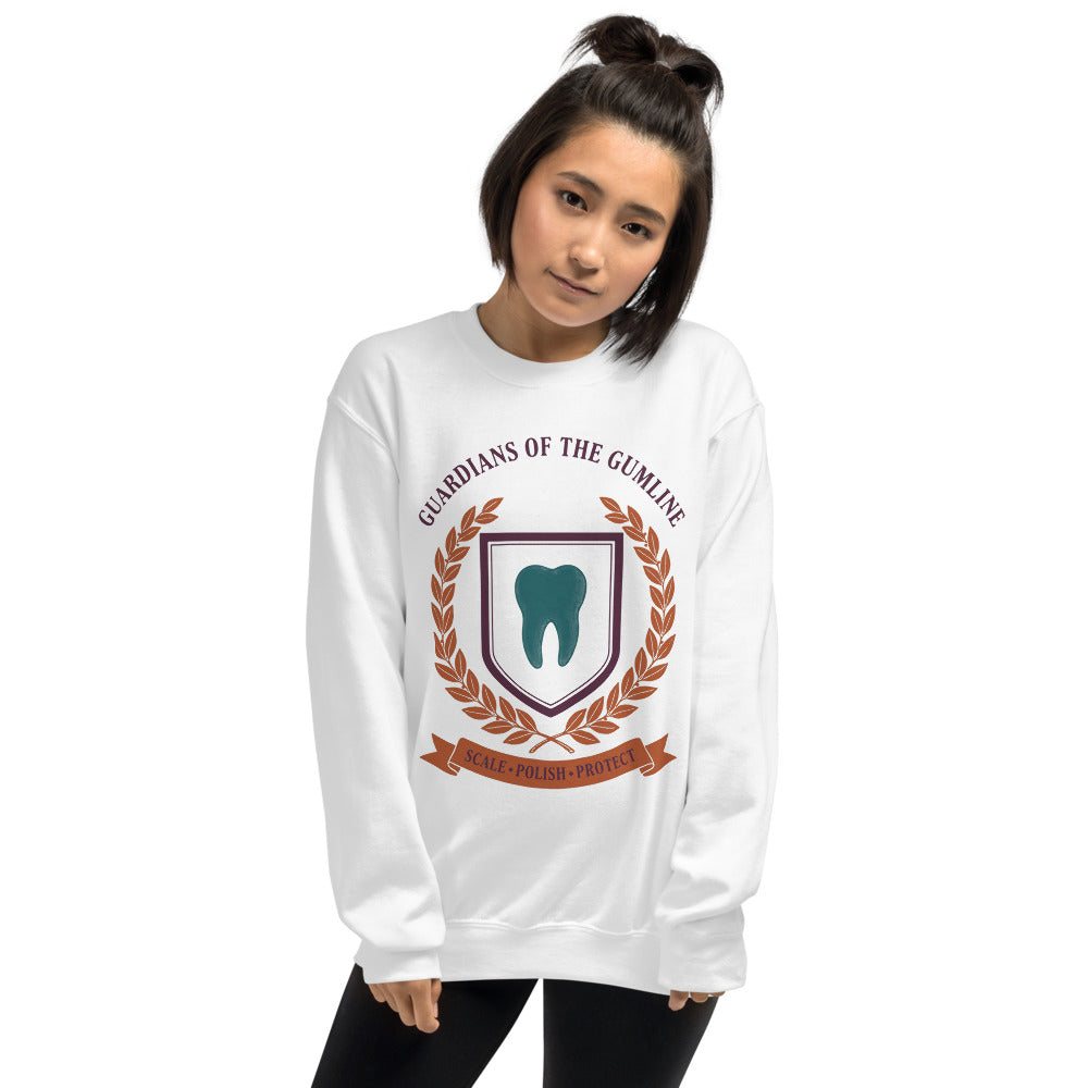 Guardians of the Gumline dental hygienist crewneck sweatshirt — White, on model