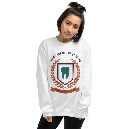 Guardians of the Gumline dental hygienist crewneck sweatshirt — White, on model